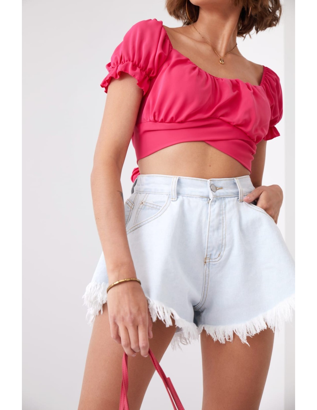 Short blouse top with decorative tie fuchsia 31035 - Online store - Boutique